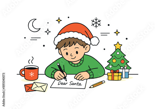 Writing to Santa. Writing letter to Santa. Child sitting at a desk writing a letter with focused expression, cozy holiday mood and quiet excitement. Minimalist