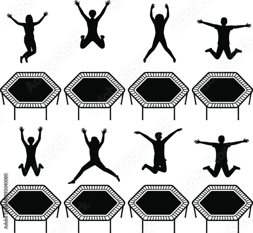 Trampoline jumping silhouettes, children exercising and playing, active fitness fun sport vector illustration set design