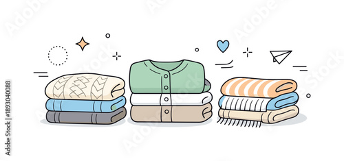 Minimalist Winter Wardrobe. Winter wardrobe organization. Folded sweaters, cardigans, and scarves arranged into tidy stacks, reflecting mindful home