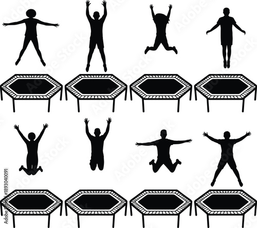 Trampoline jumping silhouettes, kids exercising and playing, fitness activity fun sport vector illustration set