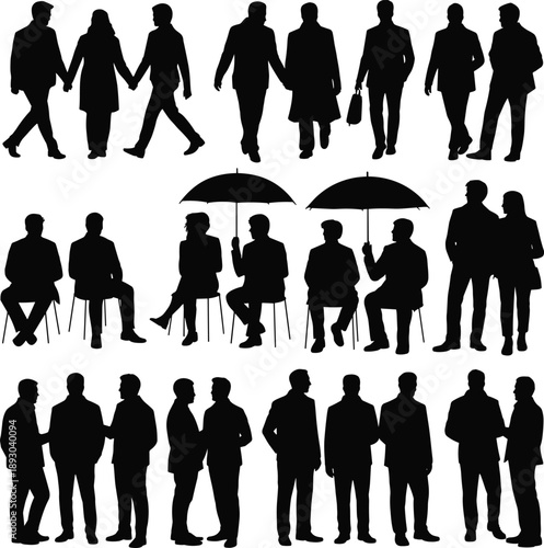 Business people silhouettes, men and women walking sitting standing, corporate lifestyle vector illustration set