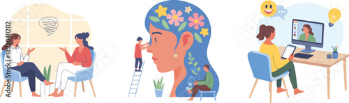 Mental health therapy illustration, counseling mindfulness support online psychology communication and emotional wellness concept