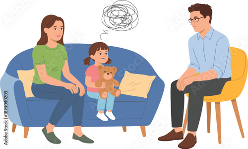 Child psychology counseling illustration, family therapy session with therapist supporting emotional mental health care