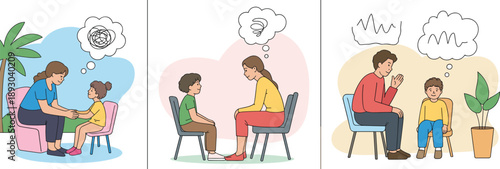Child counseling therapy illustration, parent communication stages showing emotional support stress relief and guidance