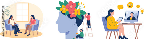 Mental health counseling illustration, therapy session mindfulness support online psychology communication and emotional wellbeing