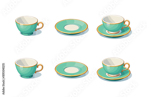 Elegant Tea Tableware. Tea tableware. Isometric flat vector icons set of tea tableware: classic teacup shape, matching saucer base, elegant cup curvature,