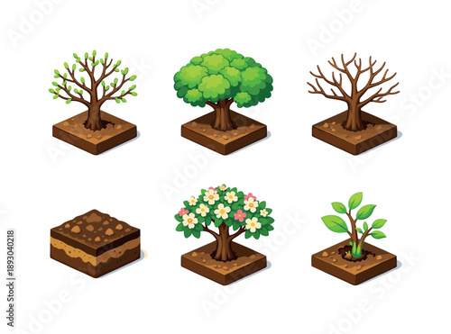 Spring Tree Icons. Budding tree. Isometric flat vector icons set of budding tree: fully budding tree, lush green canopy, healthy branches structure, rich soil