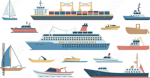 Boat and ship vector collection, marine transport vessels cargo cruise fishing yacht illustration set