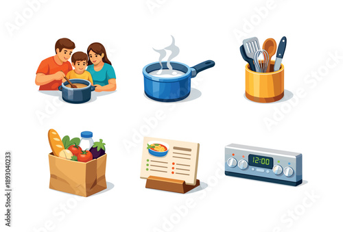 Home Cooking Icons. Home Cooking Time. Isometric flat vector icons set of Home Cooking Time: family stirring soup pot, saucepan with steam, kitchen utensils