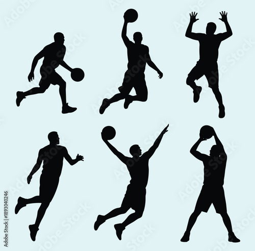 Basketball player silhouette set jumping dribbling shooting actions sports athlete illustration collection