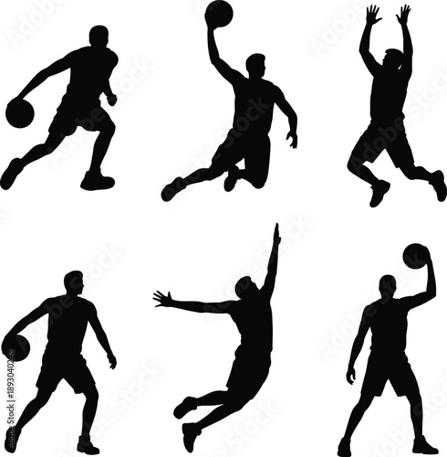Basketball player silhouette action poses dribbling jumping shooting dunk sports illustration set