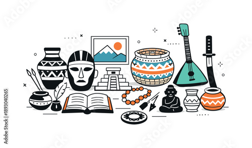Cultural Heritage Artifacts. Cultural heritage flat design. Traditional objects and artifacts neatly arranged on a table, showing craftsmanship and cultural