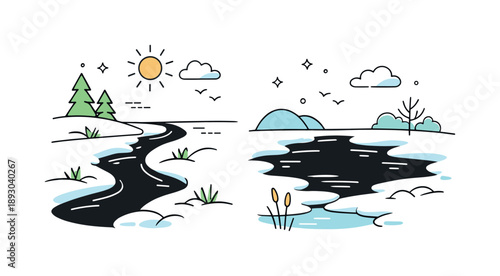 Thawed Waterways Scene. Thawed Rivers and Lakes. Snow melting along river edges, exposing dark water beneath. Soft hopeful mood with natural seasonal change.