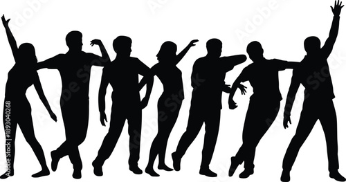 Dancing people silhouette group, energetic celebration poses, happy crowd movement illustration isolated