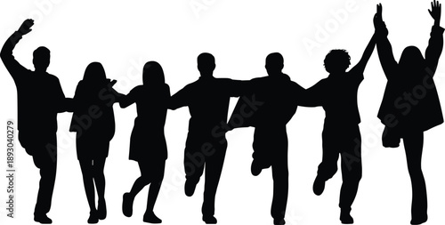 Happy friends silhouette celebrating together, unity joy teamwork friendship concept illustration isolated