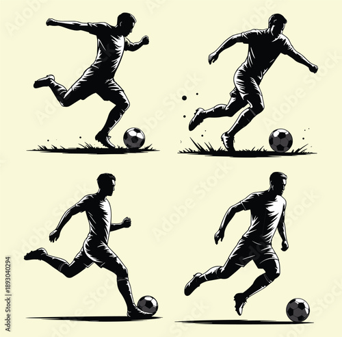 Soccer player silhouettes, football athletes dribbling kicking ball, dynamic sport action vector illustration set