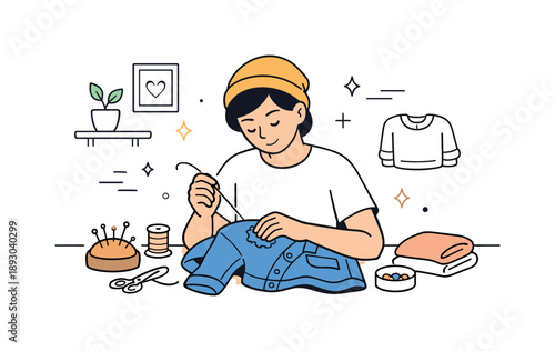 Crafting Slow Fashion. Slow fashion lifestyle. A person repairing or sewing a favorite piece of clothing at home. Gentle focus on craftsmanship, reuse, and