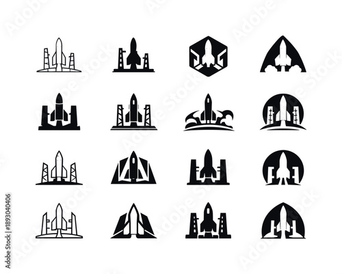 Cosmodrome Logo Set. Cosmodrome. Icon set. Set Logo of cosmodrome: launch pad with rocket silhouette. harmonious logo variations of the same emblematic