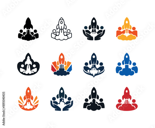 Startup Incubator Logos. Startup incubators. Icon set. Set Logo of Startup incubators: rocket launching from collaborative base. harmonious logo variations of
