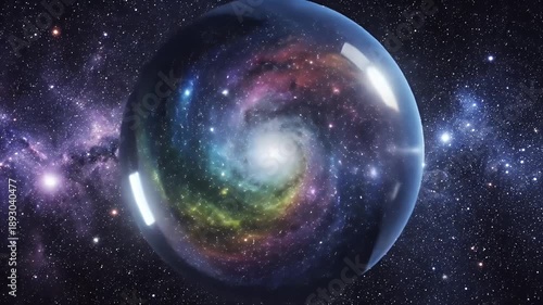 Stunning Cosmic Galaxy Swirls Within a Transparent Sphere in Space.