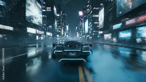 Futuristic car speeding through a neon-lit city at night, sparks flying.