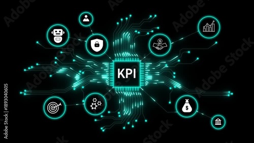 Digital network connecting business icons around a central cpu displaying kpi key performance. Futuristic kpi dashboard concept with digital analytics, performance metrics and business growth.
