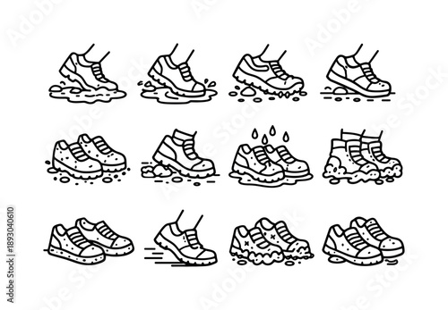 Dirty Sneakers Icons. Dirty Sneakers Usage. Line icon set of Dirty Sneakers Usage: walking through mud, stepping in puddle, trail running shoes, city street