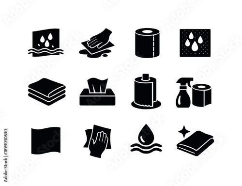 Absorbent Paper Towels Icons. Absorbent paper towels. Solid icon set of absorbent paper towels: soaking paper sheet, liquid spill wipe, towel roll icon,
