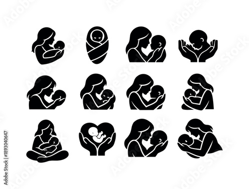 Mother-Newborn Icons. Mother and newborn bonding. Solid icon set of Mother and newborn bonding: mother holding baby, newborn swaddle, face to face, caring