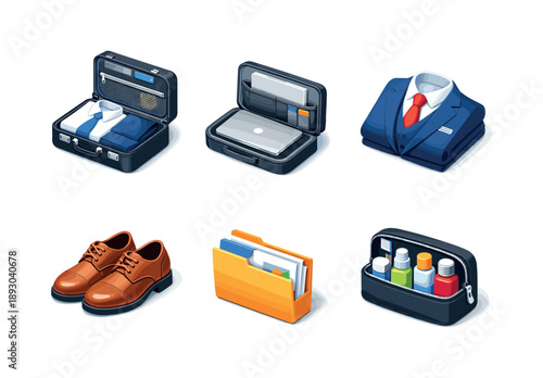 Isometric Business Essentials. Business Trip. Isometric flat vector icons set of Business Trip: open suitcase with formal clothes, laptop compartment, folded