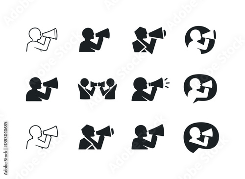 Influencer Logo Variations. Influencer marketing. Icon set. Set Logo of influencer marketing: person with megaphone. harmonious logo variations of the same