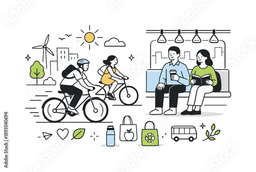 Eco-Friendly City Living. Everyday eco habits. Residents biking to work and using public transport, calm and intentional lifestyle decisions visualized with