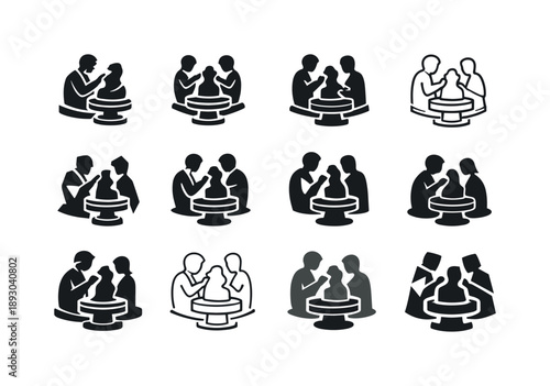 Sculptor Icon Variations. Sculptors shaping their creations. Icon set. Set Logo of Sculptors shaping their creations: rotating sculpting stand. harmonious logo