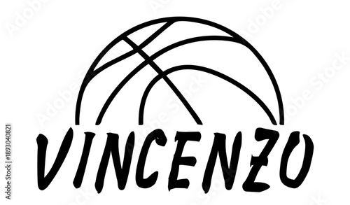 Vincenzo - first name written in sport style and stylized basketball sketch; black color; vector graphics for banners, cards, sweatshirts, prints, cricut, silhouette, sublimation	