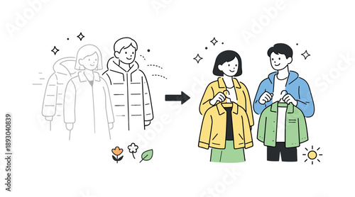 Seasonal Wardrobe Transition. Wardrobe change concept illustration. Minimal editorial depiction of seasonal clothing swap, coats fading out and light jackets