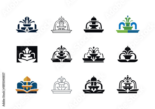 Palatial Garden Icon Set. Palatial gardens. Icon set. Set Logo of Palatial gardens: fountain centerpiece. harmonious logo variations of the same emblematic