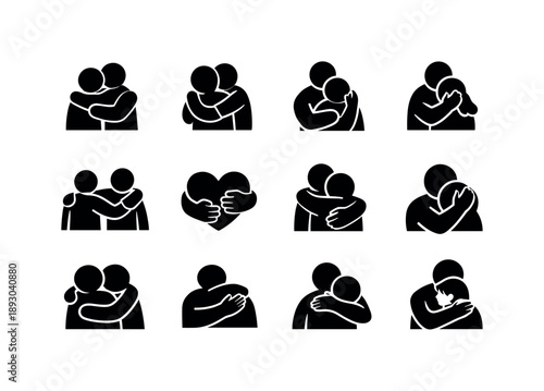 Supportive Hug Icons. Supportive hug. Solid icon set of supportive hug: hugging people, comforting embrace, caring arms, emotional support, close hug, sympathy