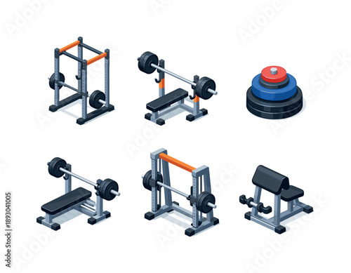 Strength Training Icons. Strength training. Isometric flat vector icons set of Strength training: power rack cage, squat rack with barbell, weight plates