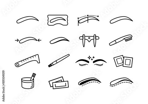 Brow Shaping Icons. Brow Shaping. Line icon set of Brow Shaping: curved brow line, shape template, brow mapping dots, clean brow arch, symmetry arrows, defined