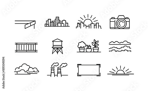 Rooftop Sunset Icons. Rooftop Sunset View. Line icon set of Rooftop Sunset View: rooftop edge, city panorama, sun over buildings, photographer camera, railing