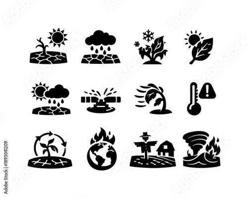 Climate Impact Icons. Climate Impact on Crops. Solid icon set of Climate Impact on Crops: scorched earth, dry rain cloud, frost damage icon, sunburnt leaf,