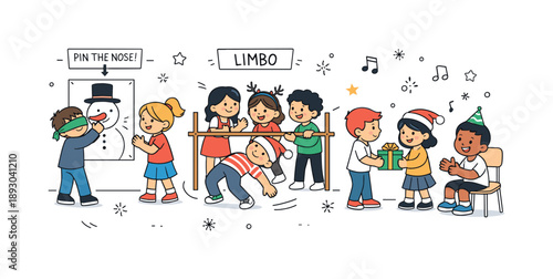 Playful School Celebration. Children at holiday school party activities. Kids playing games and interacting with classmates. Lively fun and friendly energy