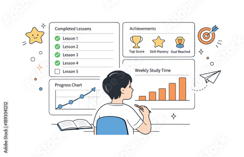 Student Progress Tracker. Learning progress tracking. A student reviews completed lessons and achievements on a dashboard with charts and checkmarks.