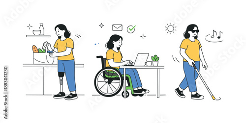 Empowered Daily Tasks. Everyday inclusion and independence. A person with a disability confidently completes daily tasks with accessible tools. Empowerment,
