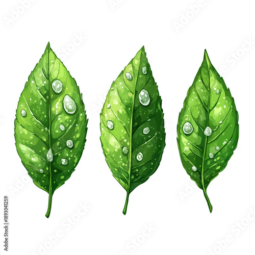 Spring Raindrops On Leaves, playful watercolor vector depicting lively antics and expressive gestures, isolated on a white background.