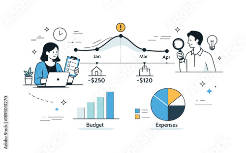 Budget Planning Illustration. Budget planning tracking. Monitoring expenses over time with a timeline and simple charts, steady control and clarity. Soft