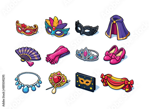 Masquerade Costume Icons. Masquerade costumes. Colorful isometric vector icons set of masquerade costumes: ornate mask, feathered mask, lace mask, elegant