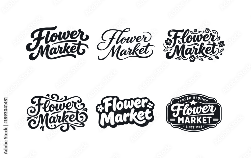 Fototapeta premium Creative Lettering Showcase. Flower market. Set lettering. harmonious lettering variations of the same emblematic concept, each with different artistic