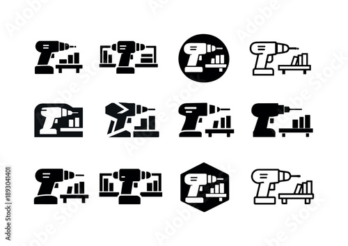 Shelf Installation Icons. Installing shelves. Icon set. Set Logo of Installing shelves: drill and shelf. harmonious logo variations of the same emblematic