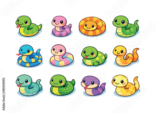 Cute Cartoon Snakes. Cute cartoon snakes. Colorful isometric vector icons set of Cute cartoon snakes: smiling snake, baby snake, rounded snake body, friendly